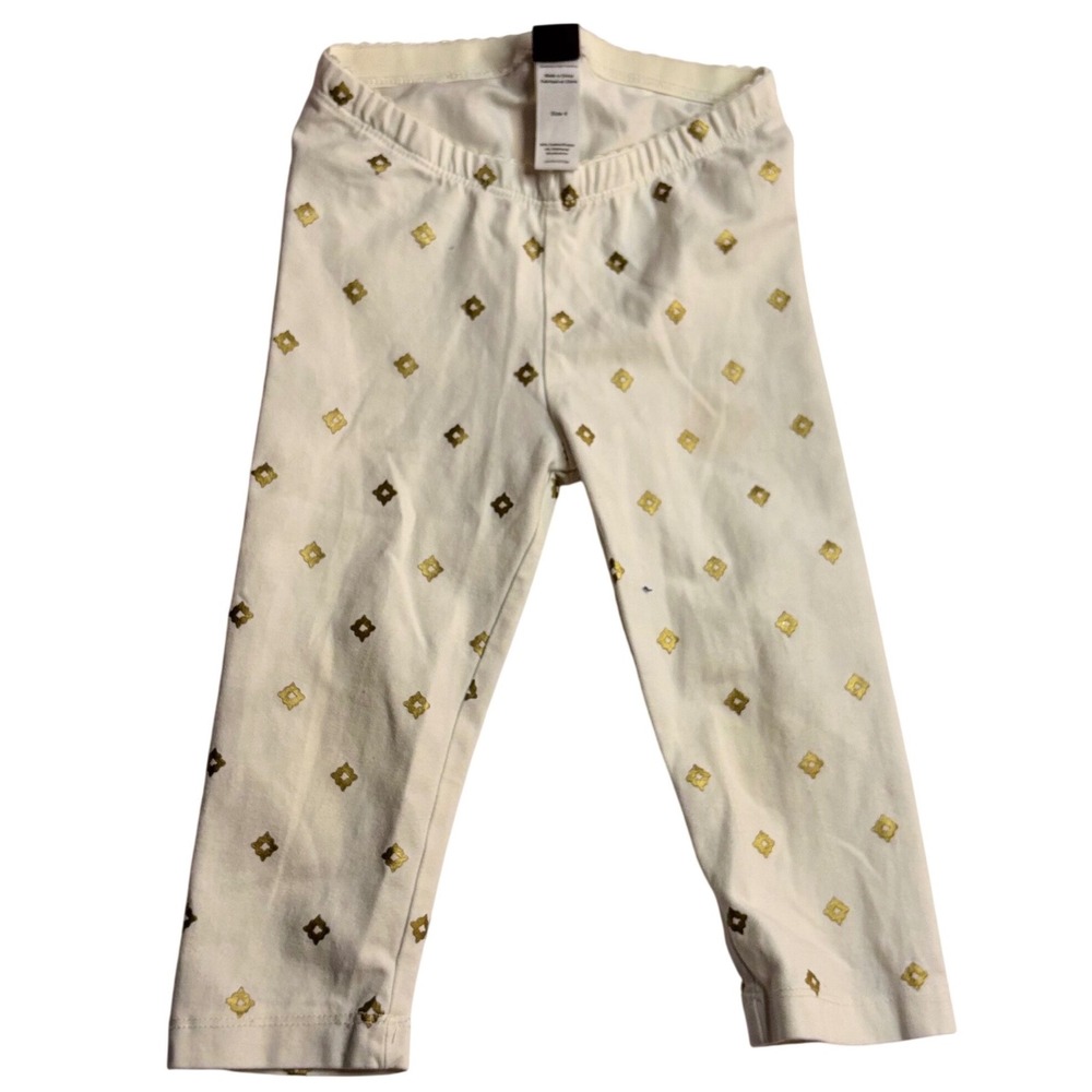 Tea Collection Girls Cream Gold Metallic Foil Geometric Diamond Leggings Size 4